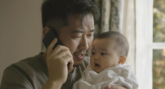 一位焦急的父親抱著他的嬰兒，同時用手機通話尋求醫療協助，表情嚴肅而冷靜。