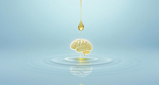 一滴象徵Omega-3的黃金油滴，正在滋養著代表寶寶大腦的圖標，寓意促進大腦發育。
