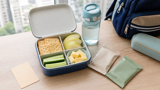 香港家長為小學生整理返學零食盒，桌上有獨立包裝餅乾、原個水果、保冷袋和冰種