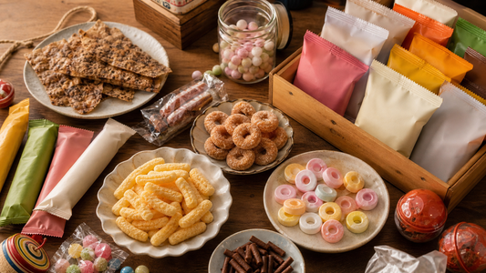 幾款日本駄菓子懷舊零食放在桌面上，包括玉米棒、吹得響的汽水糖、煙仔糖和小甜點