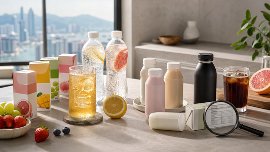 香港廚房桌面上擺放無品牌日韓飲品、果汁盒、氣泡飲品、乳酸味飲品、康普茶和咖啡茶飲作選購比較示意