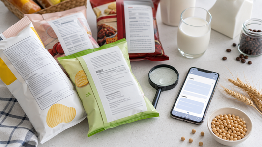成人用放大鏡和手機查看無品牌日韓進口零食背面配料標籤，旁邊有牛奶、小麥、大豆和咖啡豆作致敏原與咖啡因提示
