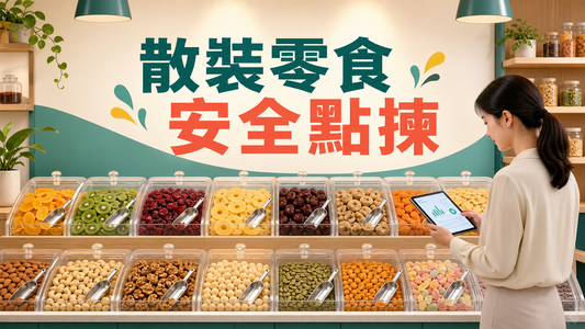 散裝零食安全點揀封面圖，展示有蓋容器、配料資料和清潔夾具