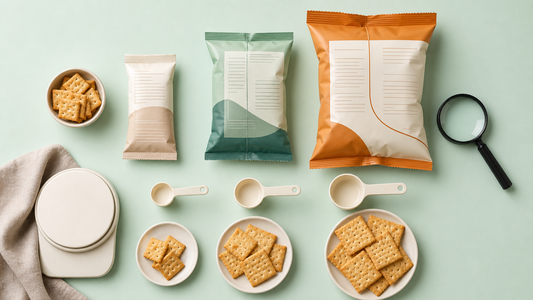 桌上放有無品牌零食包裝、營養標籤、廚房磅和計算機，示範按重量換算每份營養