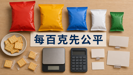 無品牌大小零食包、廚房磅與計算機，示意按淨重比較每百克單位價格